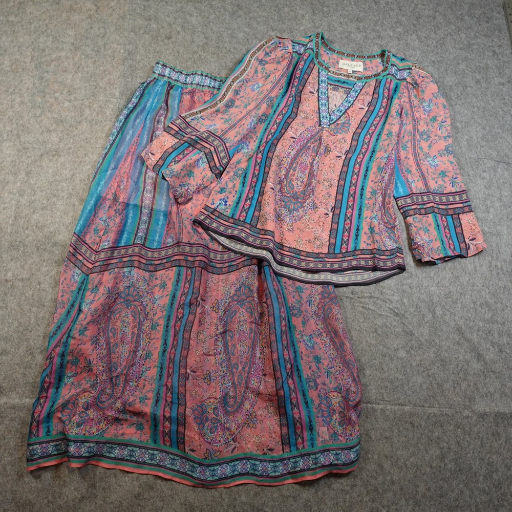 Hale Bob Set Womens Extra Small Midi Skirt Blouse Top Paisley Floral Pink Blue